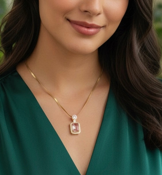 PINK GLOW DIAMOND ANTITARNISH PENDANT NECKLACE