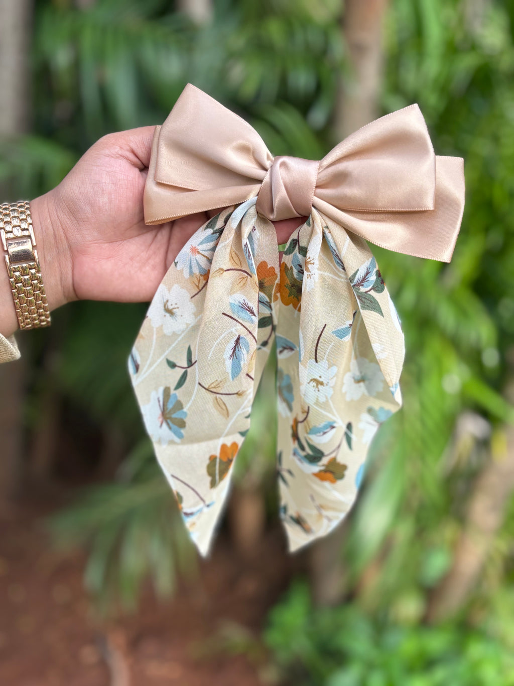 FLORAL SATIN TAIL BOW HAIR CLIP