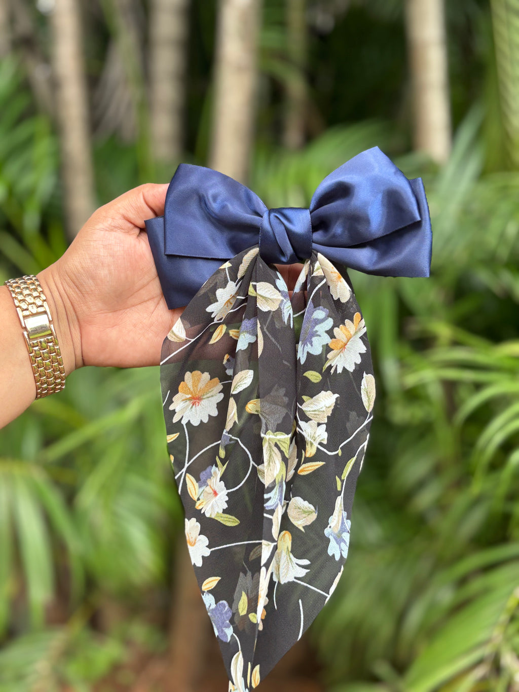 FLORAL SATIN TAIL BOW HAIR CLIP