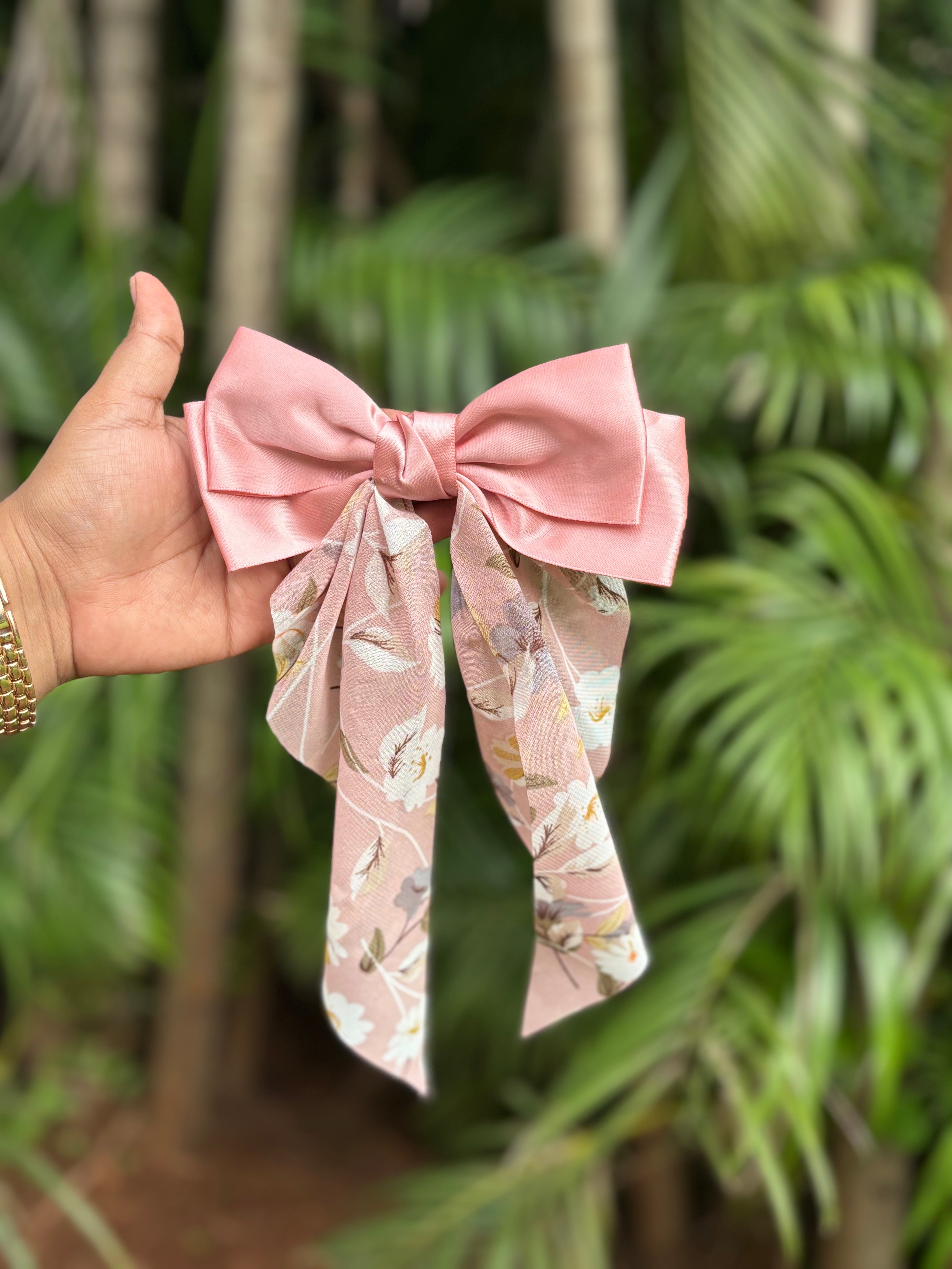 FLORAL SATIN TAIL BOW HAIR CLIP