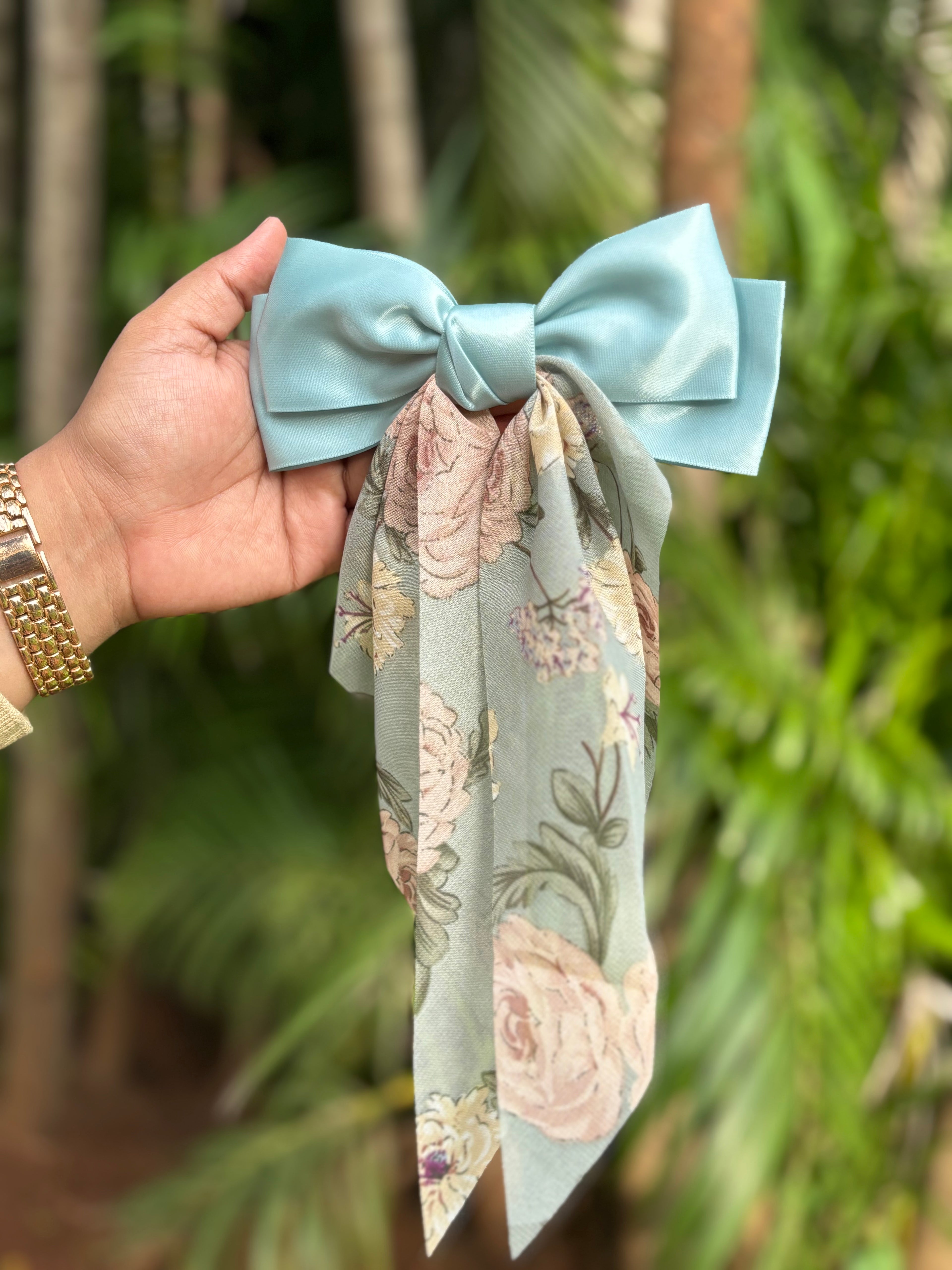 FLORAL SATIN TAIL BOW HAIR CLIP