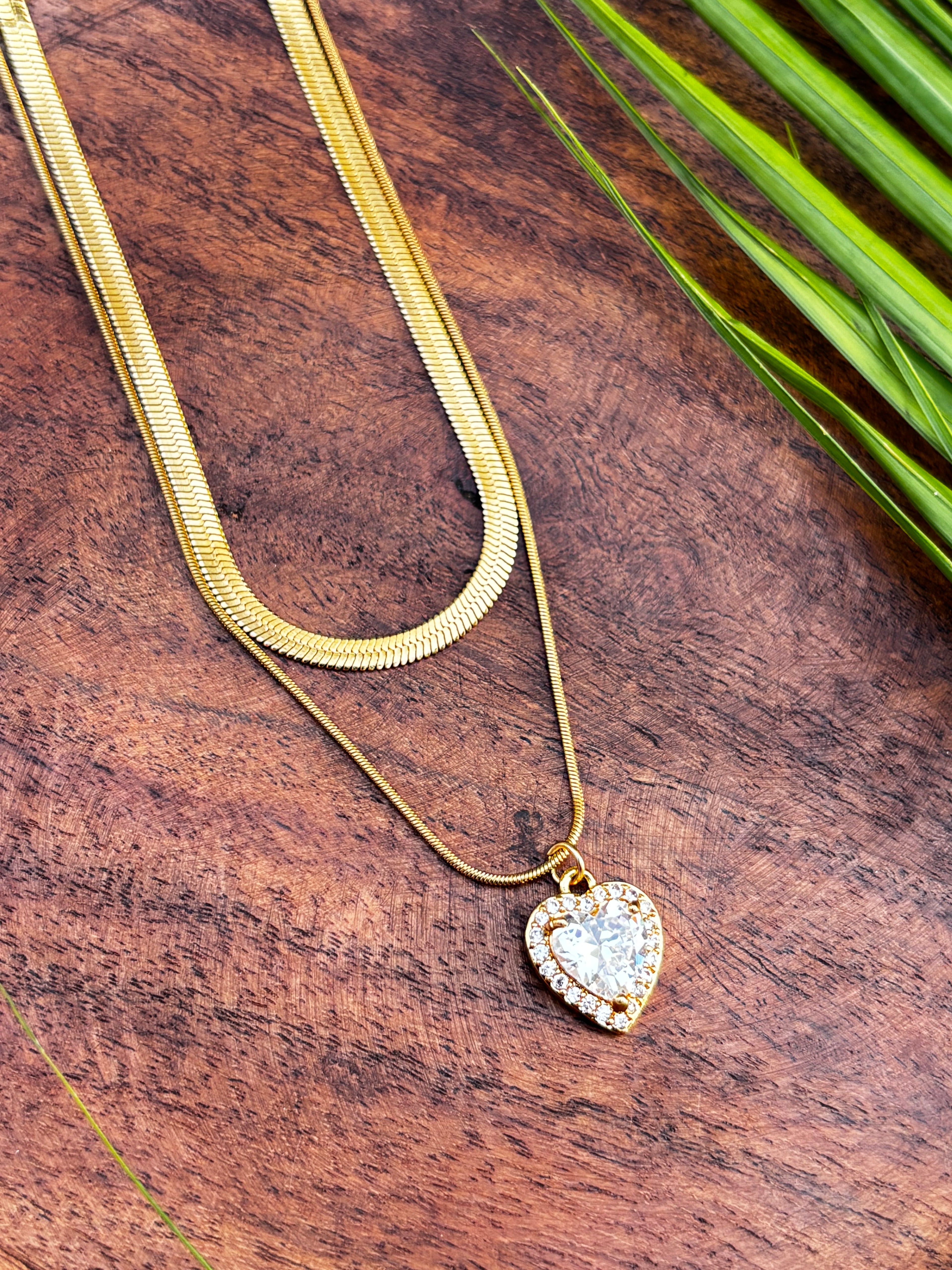 ANTITARNISH DOUBLE LAYER CHAIN WITH AD HEART PENDANT