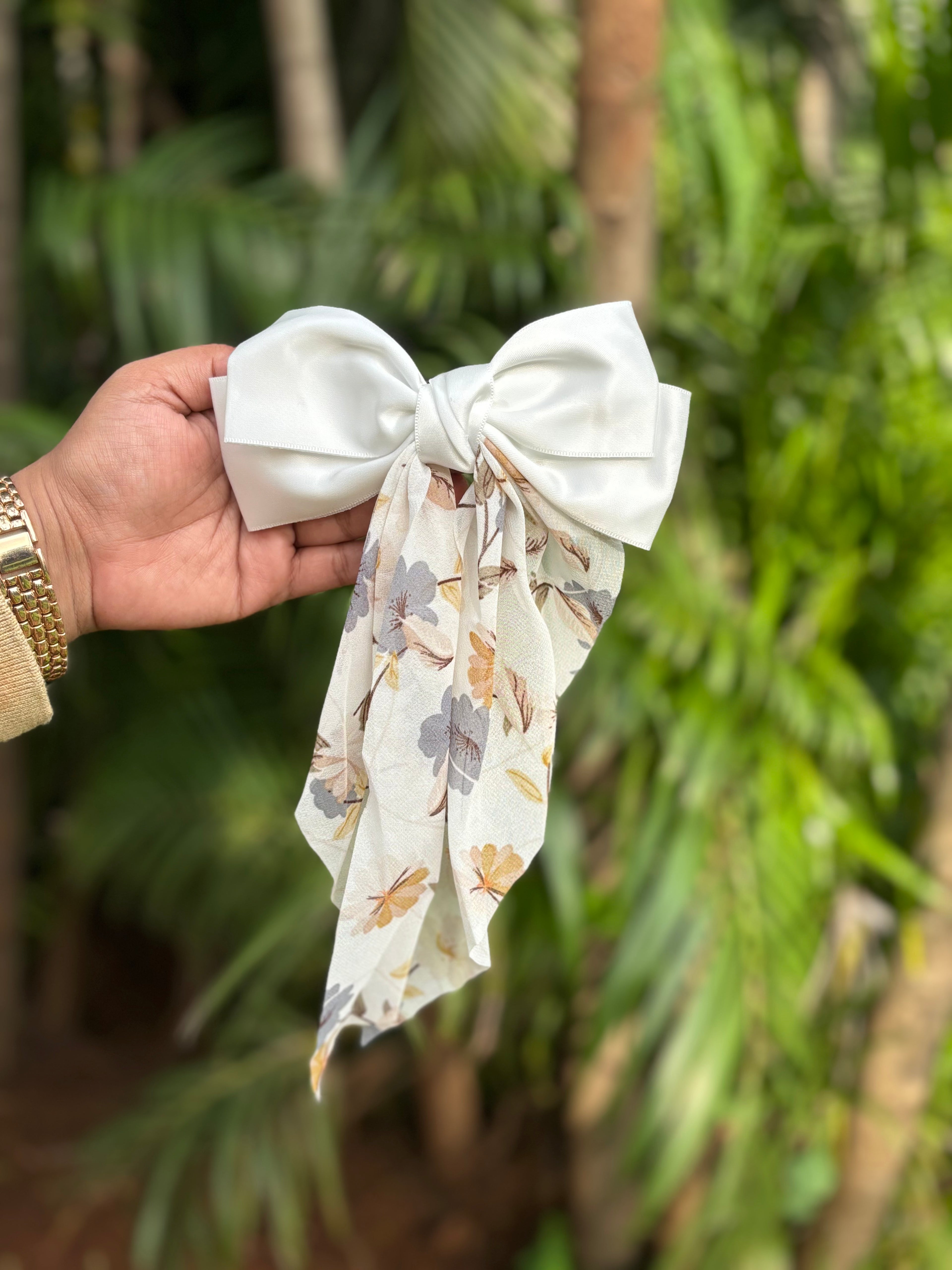 FLORAL SATIN TAIL BOW HAIR CLIP